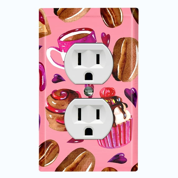 Metal Light Switch Wall Plate Outlet Cover (Coffee Mocha Candy Bean Toffee Swirl Cupcake Coffee Maker Pink Purple Hearts - Single Duplex)