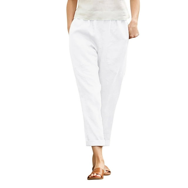 Pantalons Décontractés pour Femmes Pantalons Droits Raccourcis Pantalons Amples Décontractés avec Poche Pantalons en Lin pour Femmes Blanc m