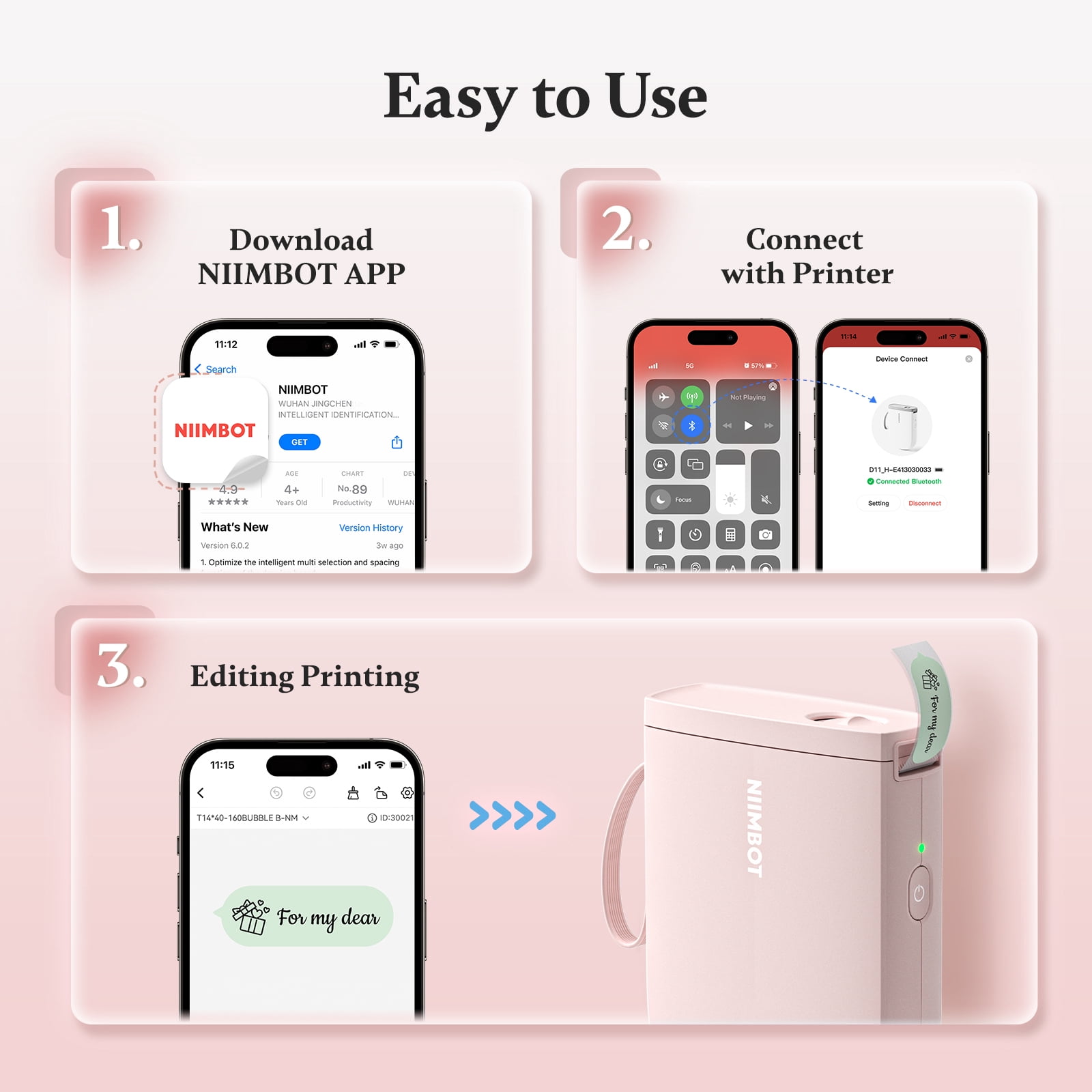 NIIMBOT D11 Upgraded HD 300 dpi Label Maker Mini Bluetooth Wireless Label Printer Inkless Labeler Rechargeable（Pink)