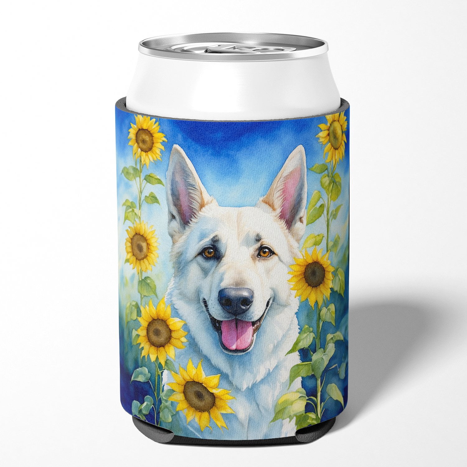 White German Shepherd in Sunflowers Can or Bottle Hugger 3 in x 5 in