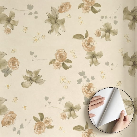 Watercolor Light Beige Floral Wallpaper Vintage Farmhouse Aesthetic Peel and Stick Wallpaper Waterproof Wall Decor for Living Room Bedroom Bathroom Kitchen Cabinet Drawer 17.7 * 118 in