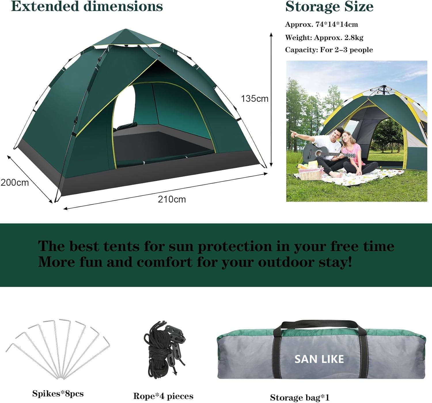 SAN LIKE Camping Tent 3/4 Person Tents for Family Camp Tent Waterproof Outdoor for Backpacking Hiking Easy Setup with Storage Bag,8 Ground ding,4 Windproof Rope(Green with Doors No Windows)