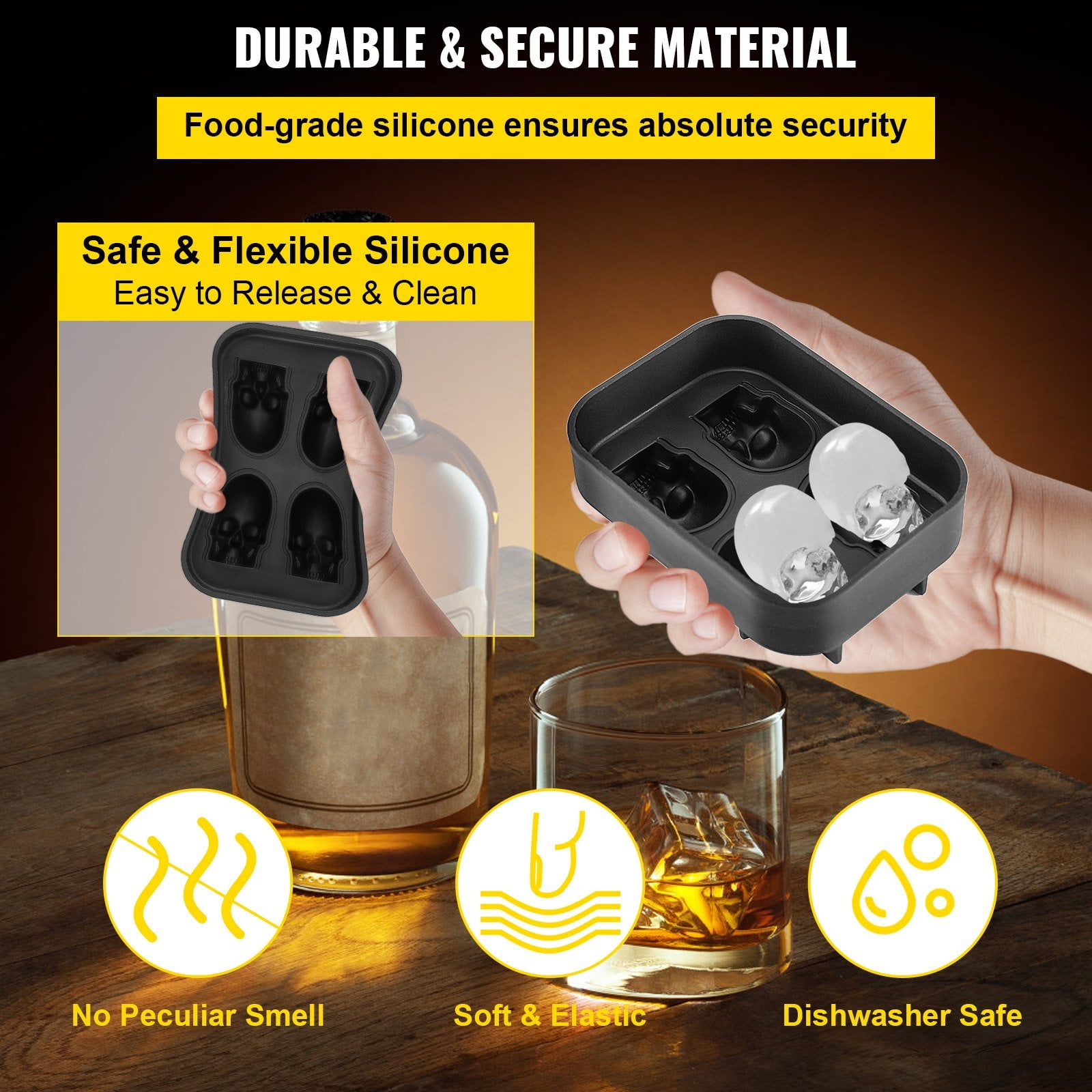4-Grid Skull Ice Cube Tray with Lid & Funnel, Flexible Black Silicone Mold for Halloween Cocktails, Party Drinks – Makes 1.6” Skull Ice Cubes (BPA-Free)