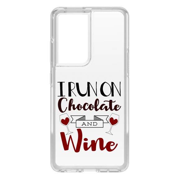 DistinctInk Clear Shockproof Hybrid Case for Galaxy S21 ULTRA 5G (6.8" Screen) - TPU Bumper Acrylic Back Tempered Glass Screen Protector - I Run on Chocolate and Wine