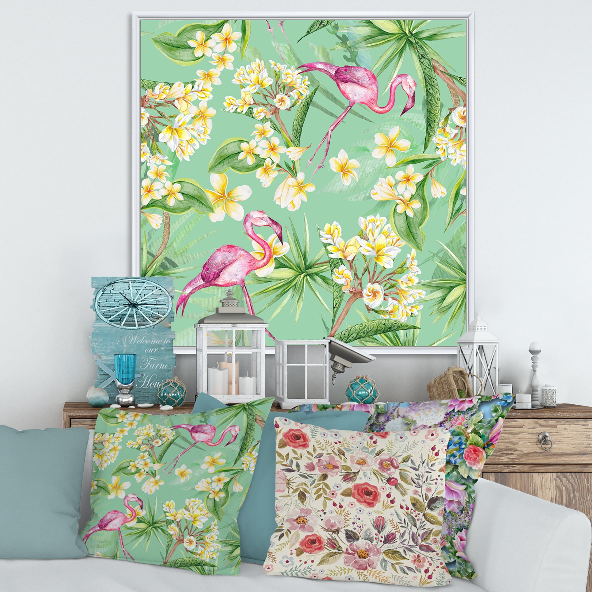 Designart 'Yellow Flowers, Tropical Foliage With Flamingo V' Traditional Framed Canvas Wall Art Print