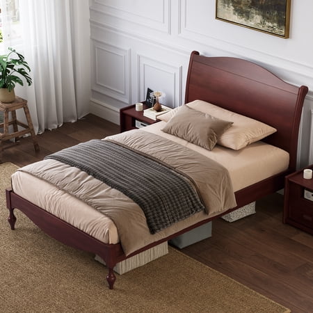 Full Size Wood Platform Bed Frame with Headboard Vintage Platform Bed with Traditional Arched Headboard and Footboard Mid-Century Modern Farmhouse Bed for Living Room Easy Assembly Dark Walnut