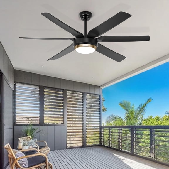 Ohniyou 56" Outdoor Ceiling Fan with Light, Modern Downrod Ceiling Fans with Remote 6 Blade for Patio Living Room Bedroom, Black