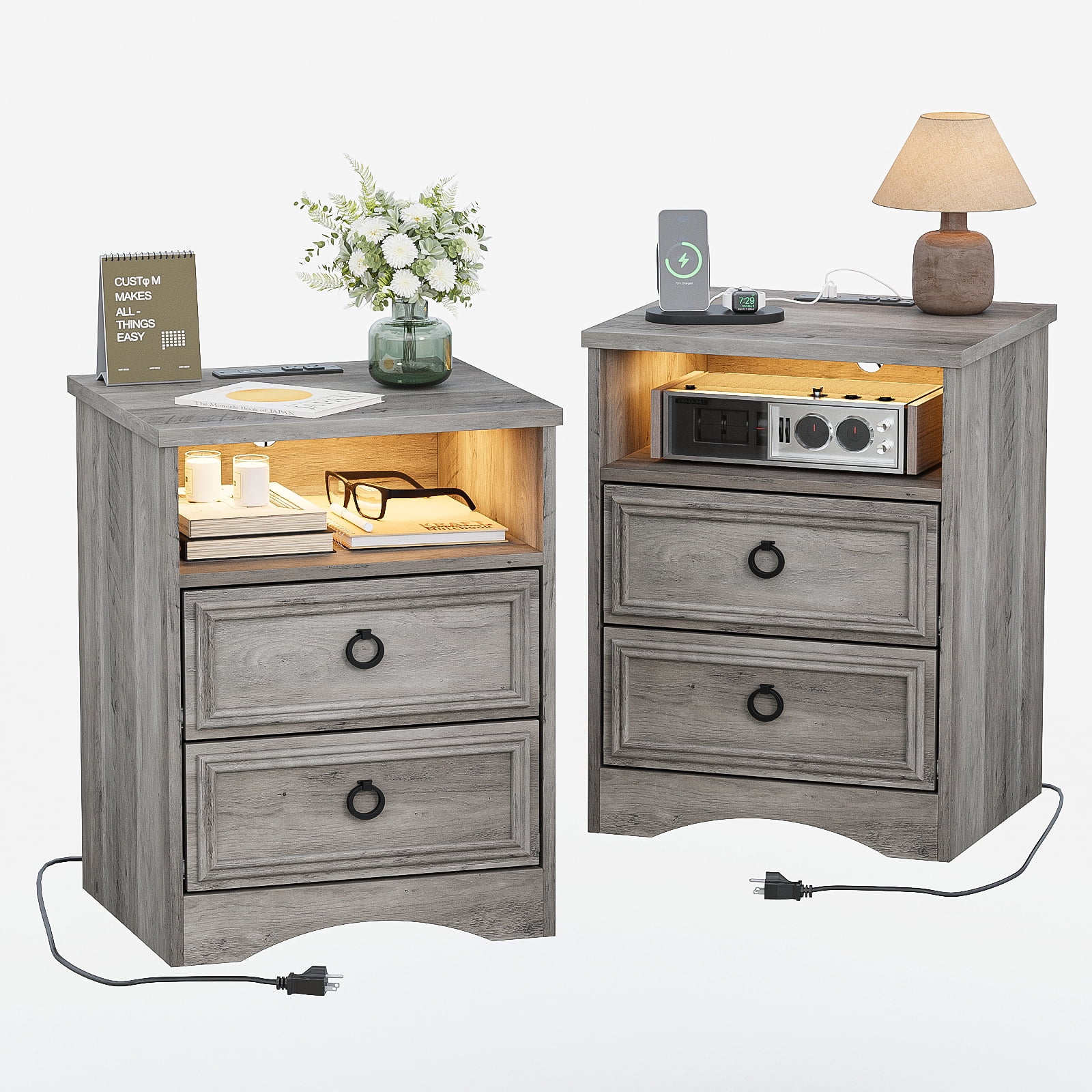 Nightstand Bedside Table with Charging Station Set of 2, 2 Drawer LED Dresser for Bedroom Furniture, Gray