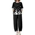 thumbnail image 4 of WTOBBY Women's Summer Fashion Two Piece Set Half Sleeve Printed Tops with Elastic Waist Nine Piece Pants Outfit Casual and Comfortable for Daily Wear ,Black L, 4 of 7