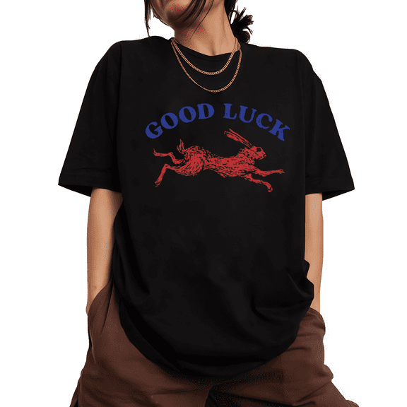 Good Luck Running Rabbit Print Tshirt Black S-5XL Minimalist Retro Graphic Tees Shirts Tops