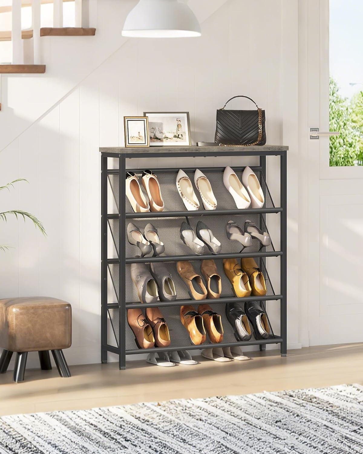 Shoe Rack, 5-Tier Slanted Shoe Storage Shelf, Narrow Shoe Rack for Entryway, Shoe Organizer with Adjustable Feet, Slim Shoe Shelf with Wooden Top and Metal Frame, Greige and Black TXJ02BG