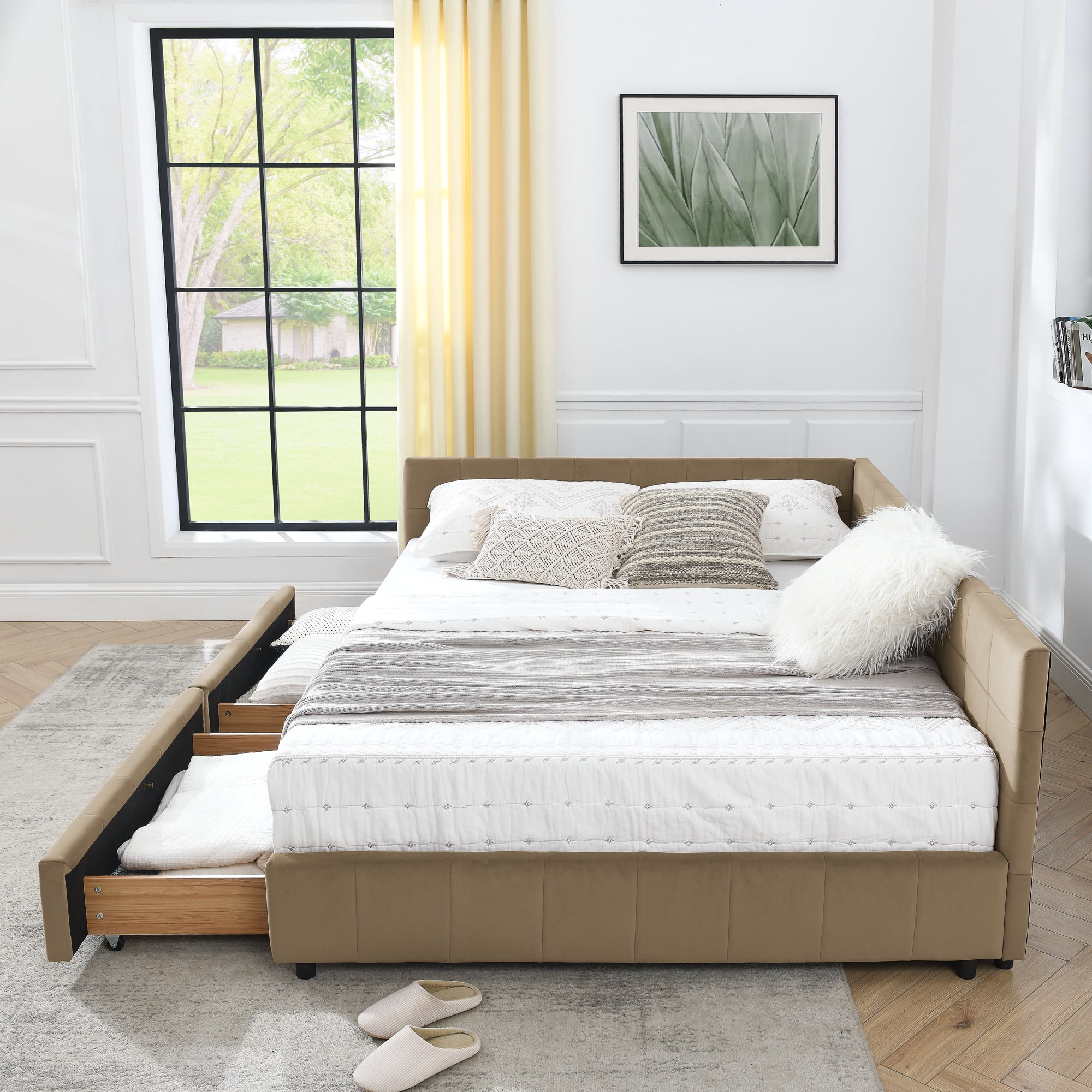 Queen Size Storage Upholstered Tufted Bed Frame, Sofa Bed Frame with Comfortable Backrest and Armrests, Queen Size Bed for Bedroom, Living Room,Velvet, BROWN(85.5''*64.5''*29.5'')
