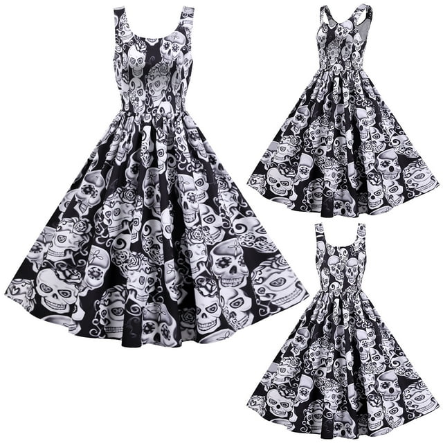 Robe Rétro Vintage à Manches Courtes pour Femmes, Robe de Cocktail Évasée, Robe Tunique à Manches Courtes pour Halloween, Costume d'Halloween pour Femmes, Robe Squelette Sans Manches Extensible (Blanc&Noir,TTG)