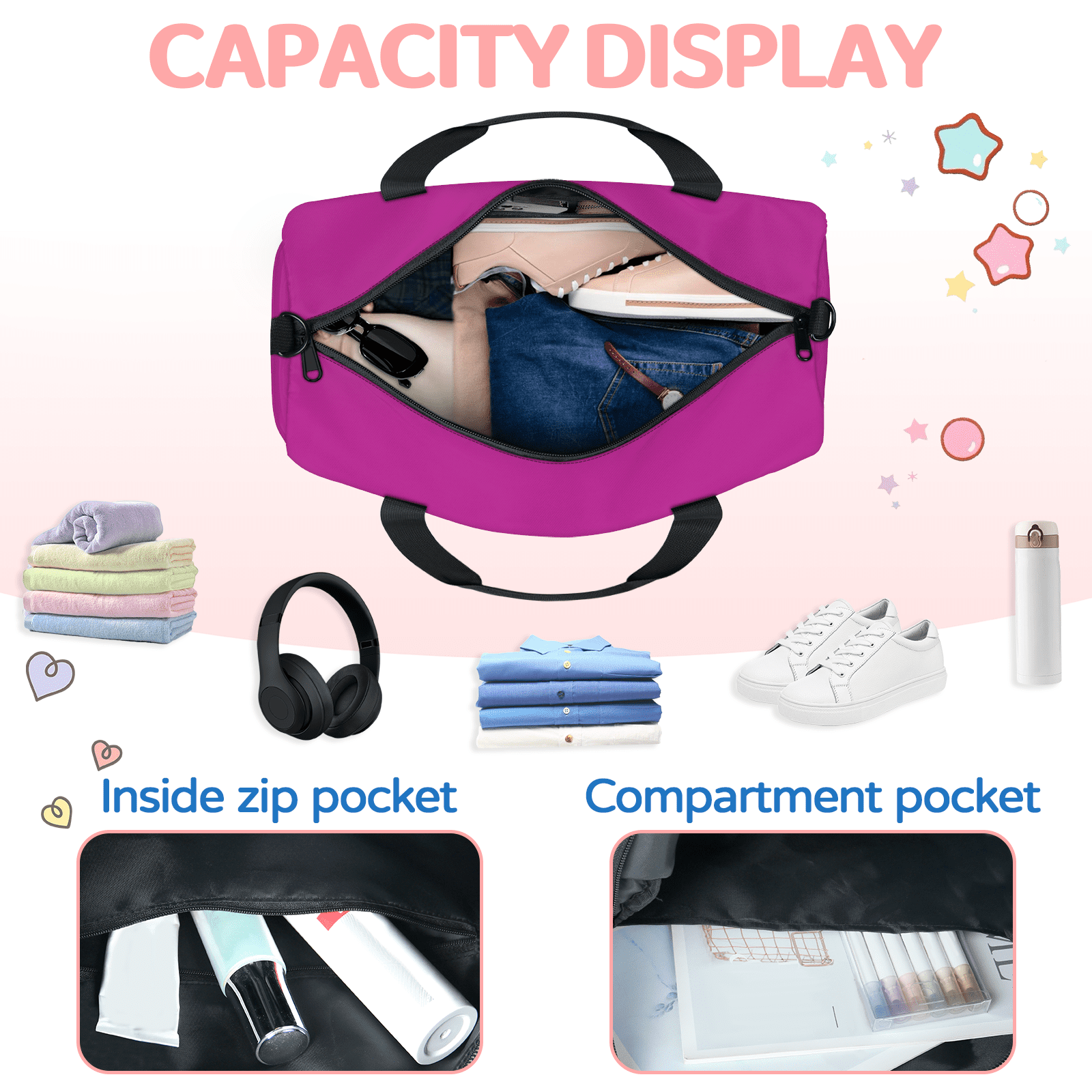 Herdesigns Rose Pink Travel Duffle Bag Sports Yoga Weekender Overnight Carry on Workout Bags Lightweight Waterproof Gym Tote Bag for Women