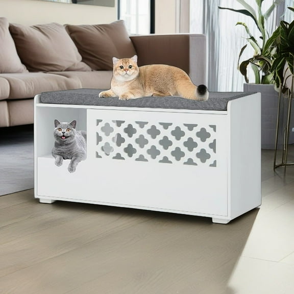 Pefilos 35" Cat Litter Box Enclosure Hidden, Wooden Cat Furniture Storage Bench Kitty Cat Washroom, Indoor Cat Box Cabinet Fit Most of Litter Box, White