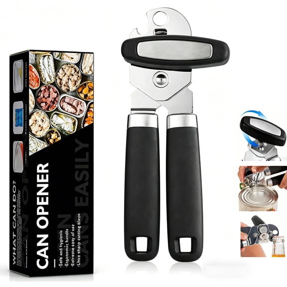 Can Opener and Bottle Opener, Easy to Use, Razor Sharp Stainless Steel Cutting Wheel, Oversized Turning Knob, Classic Multifunctional Kitchen Tool, Black