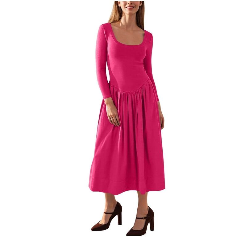 SMihono Dresses for Women Fashion Square Neck Long Sleeve A-Line Midi Dress  Lightweight Comfy Casual Solid Fall Outfits Hot Pink XL - Walmart.com