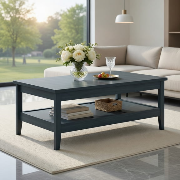 Demi Bonn Farmhouse Coffee Table - Thickened Tabletop, 2-Tier Storage, Rustic Design, Blue