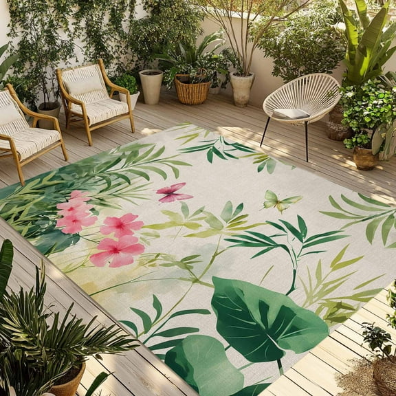 Fsddascl Summer Flowers Outdoor Rug for Patio/Deck/Porch, Non-Slip Large Area Rug 4 x 6 Ft, Watercolor Farmhouse Botanical Leaves Indoor Outdoor Rugs Washable Area Rugs, Camping Rug Carpet