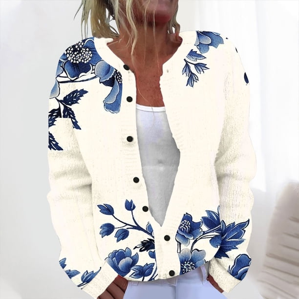 Cárdigan informal de punto con estampado floral para mujer, chaqueta abotonada y abrigo superior para mujer