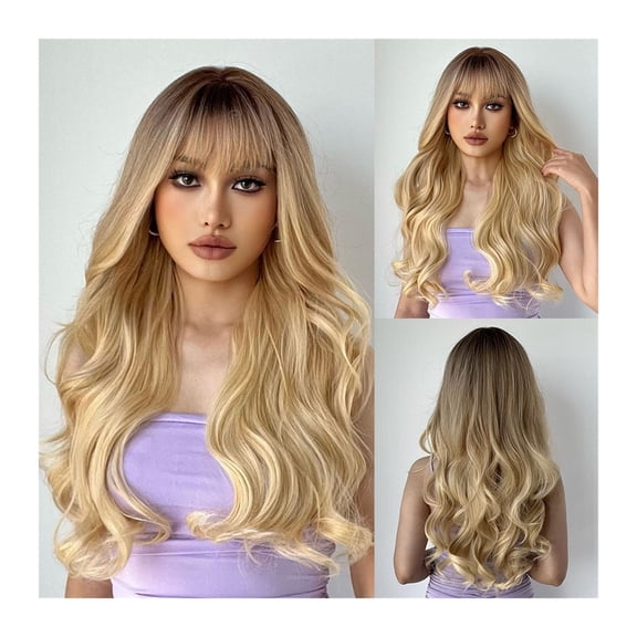 Good Quality Synthetic Wigs Brown Blonde Wig with Bangs Long Wave Woman Wigs Halloween Natural Heat Resistant Hair