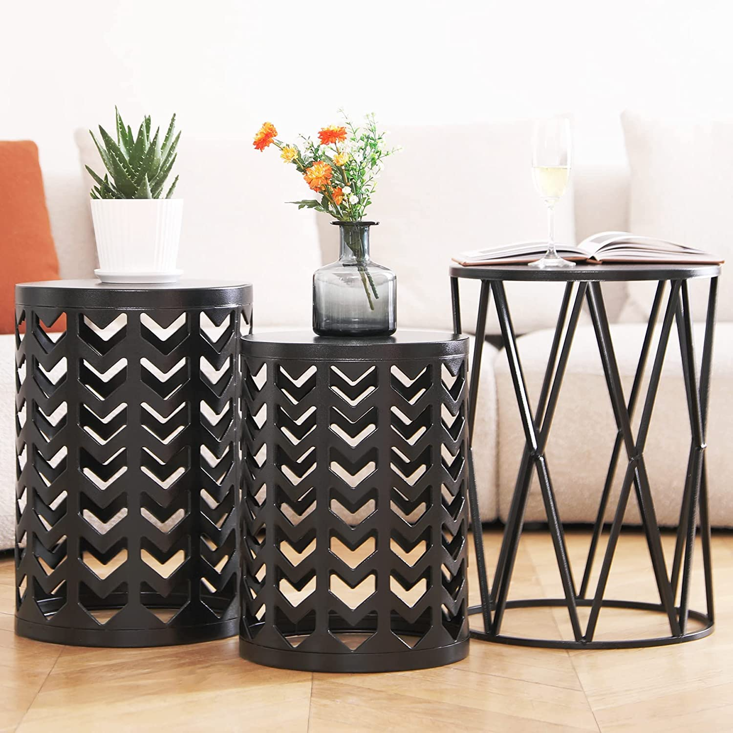 Y&M 3-Piece Nesting Side Table Set, Round Metal, Black photo 4