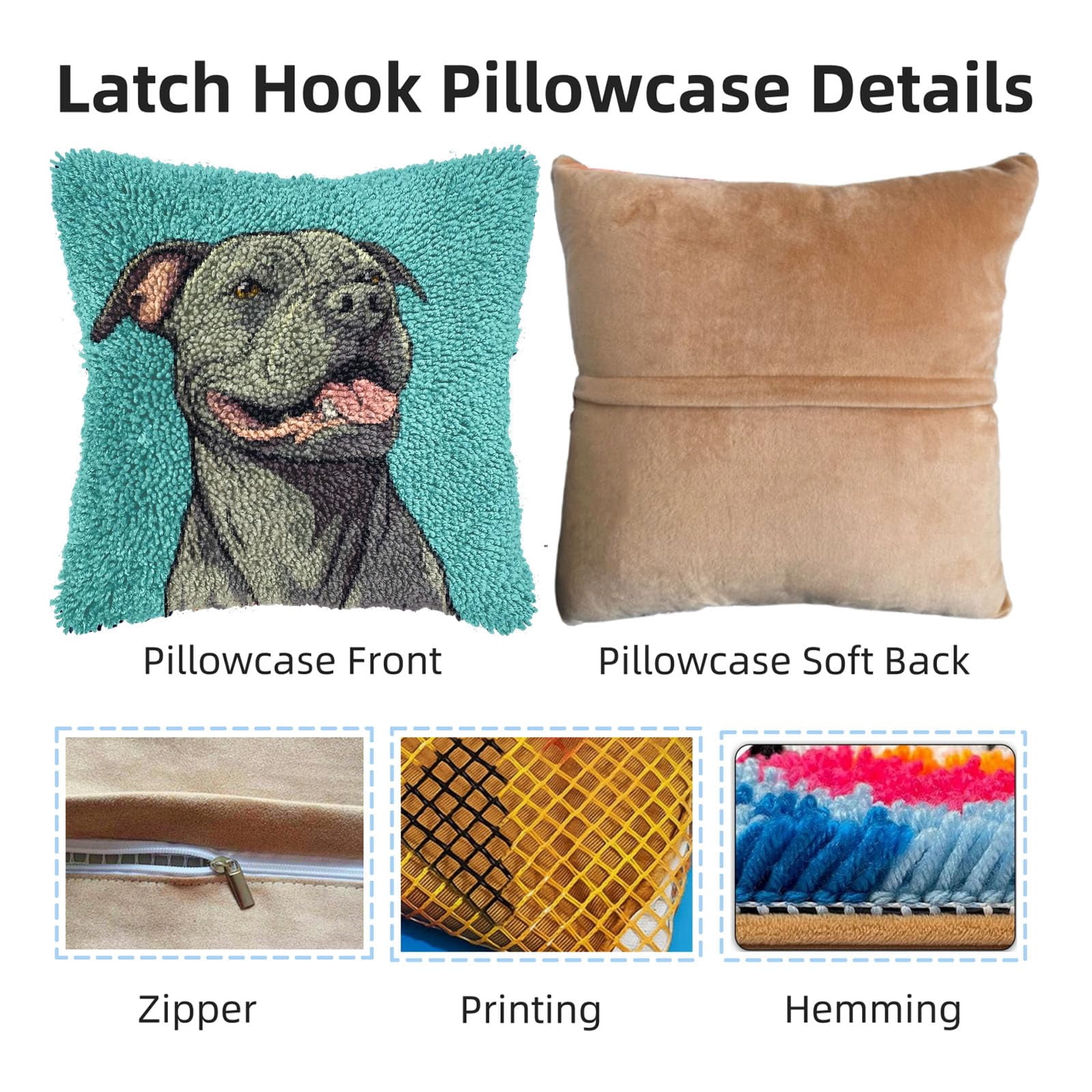 DIY Latch Hook Pillow Kits for Adults Cartoon Pitbull Dog Printed Pillowcase Crochet Yarns Hooking Handmade Pillow Cover Cushion for Home Sofa Decoration 17x17inch-9