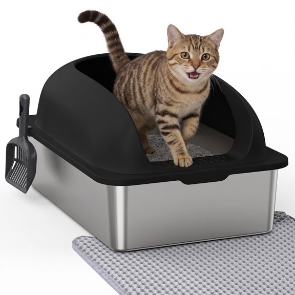SHOUFTW 24 Inch Stainless Steel Cat Litter Box with Lid, Extra Large Enclosed Cat Litter Pan, High Wall Anti-Splash Design, Odor Control, Anti-Leakage, Includes Scoop and Mat, Black