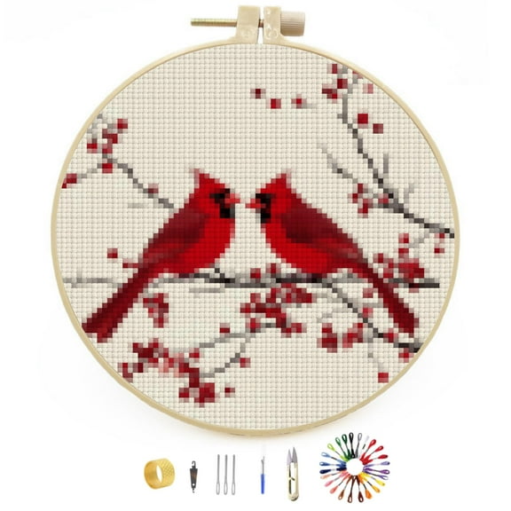 A Pair of Red Cardinal on Berry Tree Stamped Cross Stitch Kits for Beginners with Hoop Simple Patterns 11CT Counted Embroidery Needlepoint Crafts Arts for DIY Enthusiasts and Home Decor 26x26cm(3)