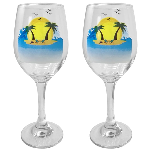 Beach Wine Glasses - Set of 2  – Hand-Painted Nautical Aquatic Design - Fun Wine Glasses - 14 0z - 7 3/4" Tall