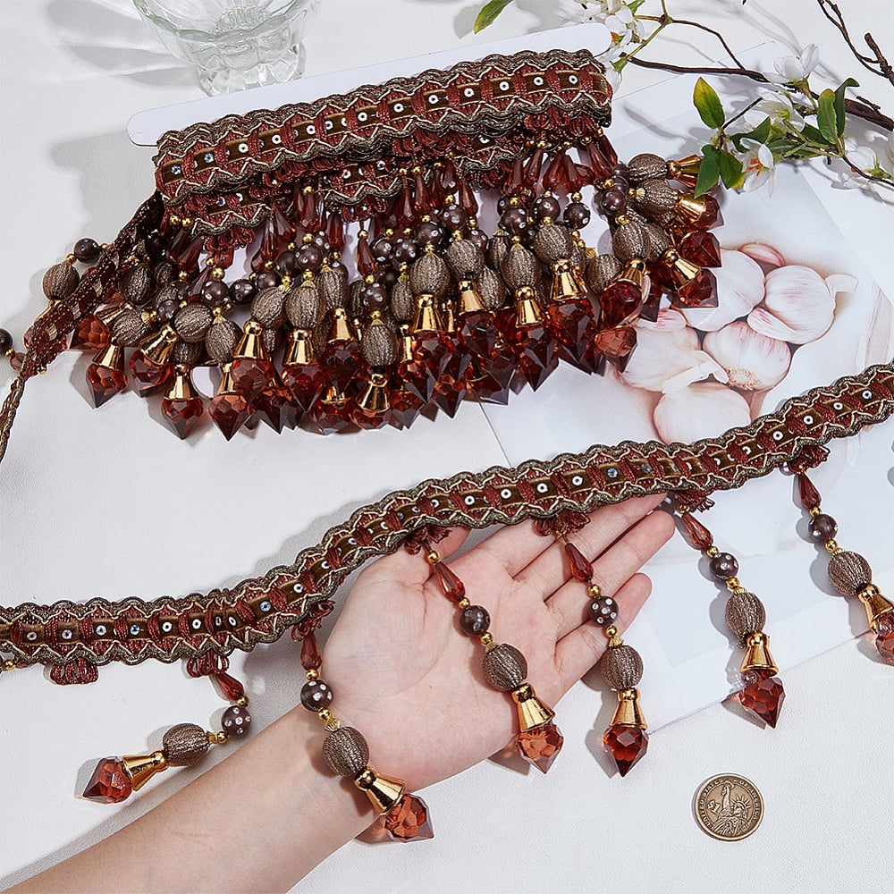 4M Polyester Fringe Lace Ribbon Glass Beads Tassel Trimming for Curtain Home Decoration Sandy Brown 5-1/8 inch(130mm) DIY