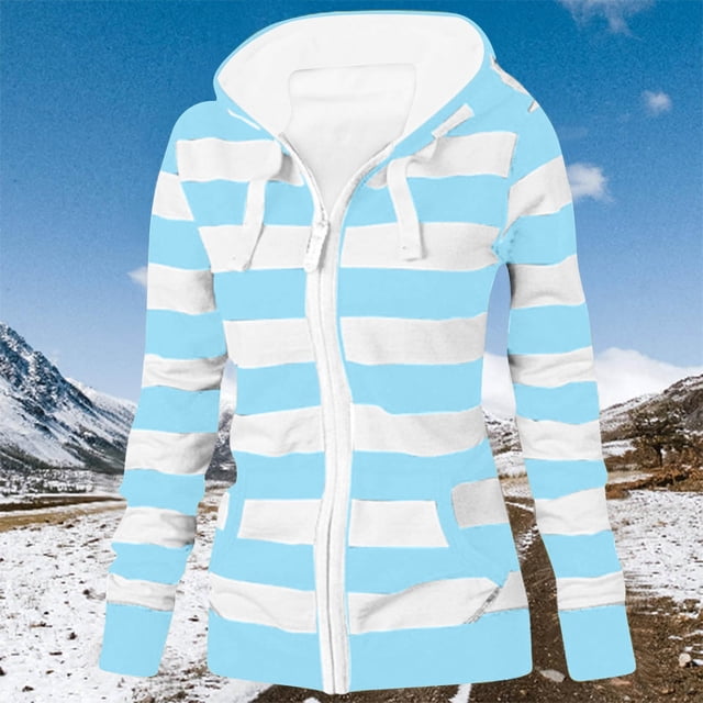 WRKEKC Striped Print Hooded Cardigan Zip Front Kangaroo Pockets Street Style Comfort Plus Sizes Light Blue M