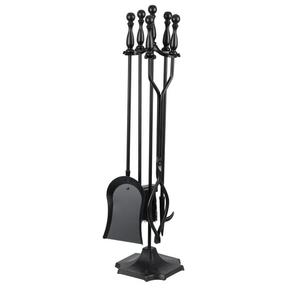 5 Pieces Fireplace Tools Sets Wrought Iron Firewood Kit w/Handle & Holder Black