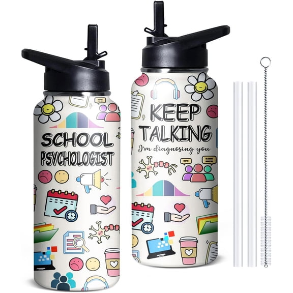 32oz Insulated Water Bottle with Straws & Flip Lid - Stainless Steel Travel Tumbler, School Psychologist Gift for Teacher Appreciation (Women/Men)
