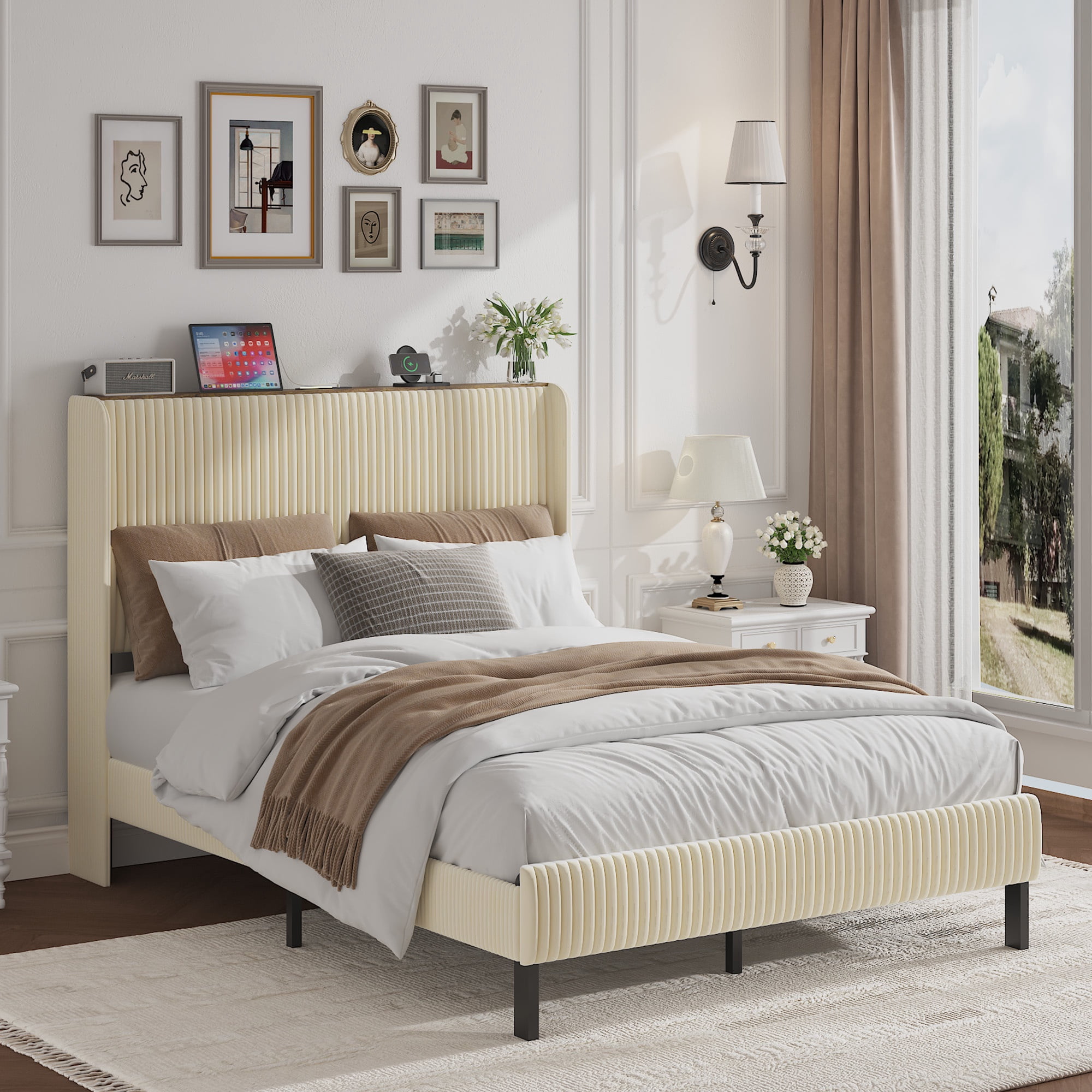 PORKISS Full Bed Frame with Storage Headboard, LED Lights & USB/Type-C Charging Station, Cream White Upholstered Platform Bed Frame, Heavy-Duty Metal Slats, No Box Spring Needed
