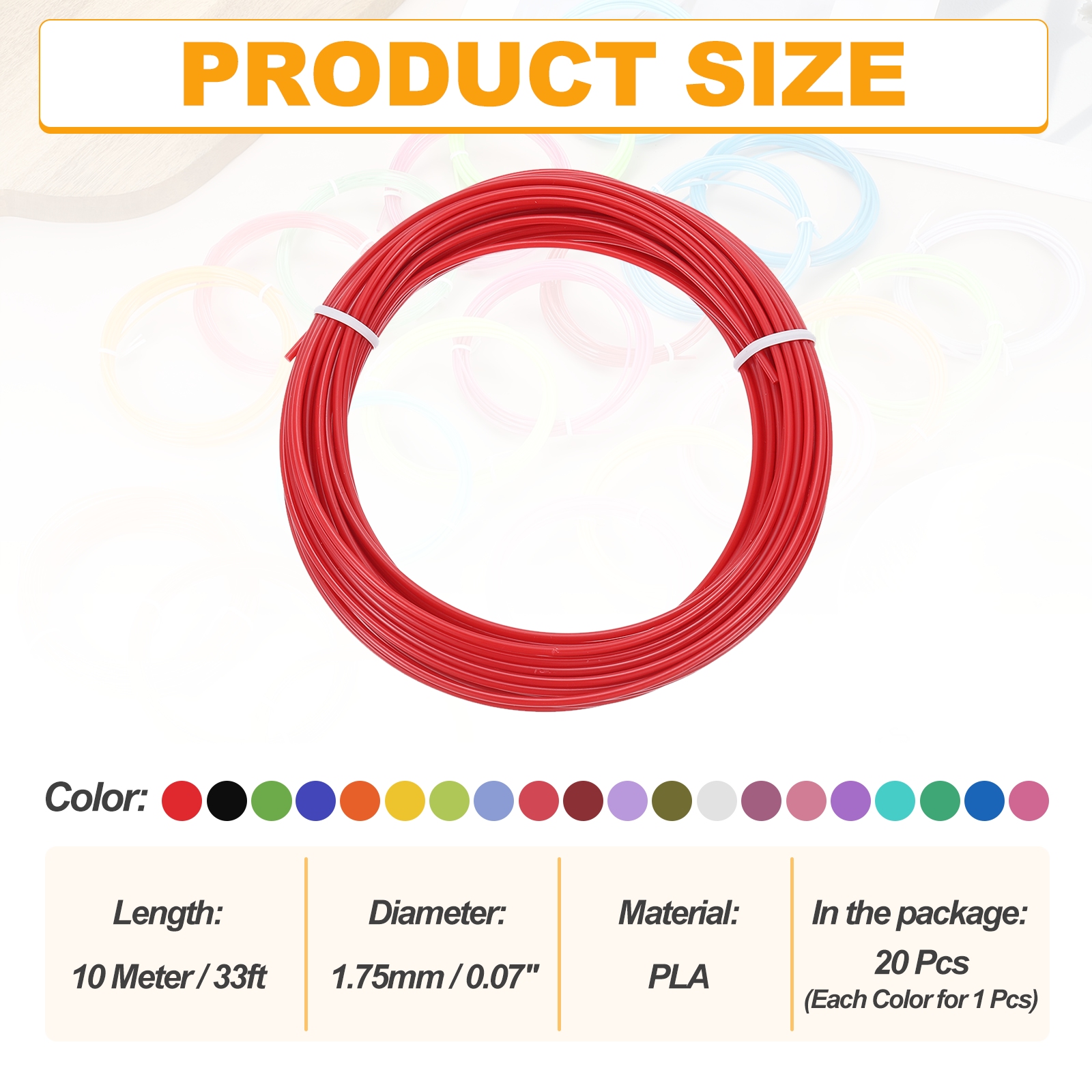 Uxcell 20 Pcs 3D Pen Filament, 1.75mm Dia 33ft Length PLA 3D Printing Pen Filament Refills for 1.75mm 3D Printing Pen, 20 Colors