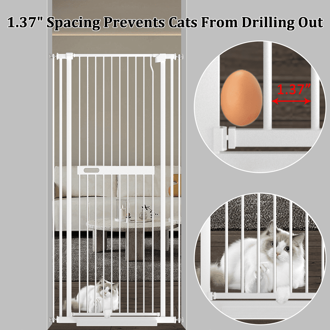Fairy Baby 61-inch Extra Tall Cat Gate, 30-38" Pressure Mounted, 1.37-inch Narrow Spacing, White Alloy Steel for Pets & Babies