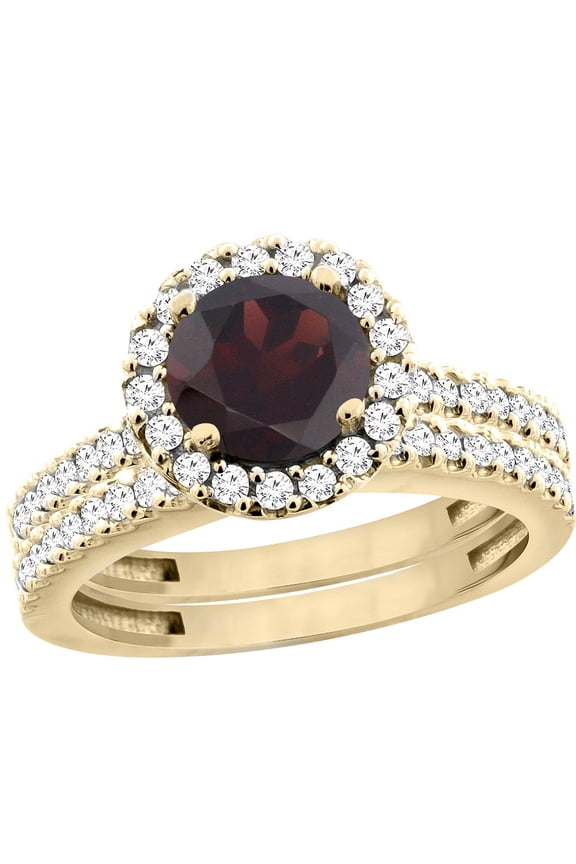 14K Yellow Gold Natural Garnet Round 6mm 2-Piece Engagement Ring Set Floating Halo Diamond, size 10