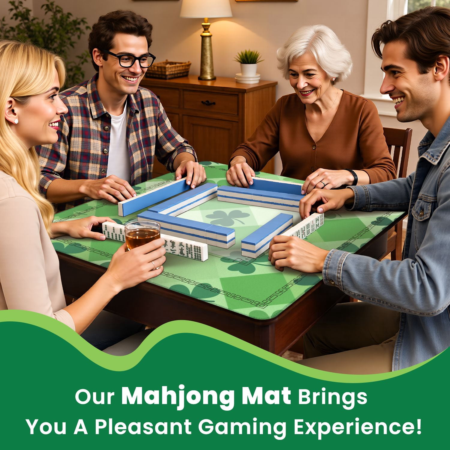 Mahjong Mat 31.5" x 31.5" Green Geometric Plaid Non-Slip Noise Reduction American Mahjong Tiles Table Cover for Dominoes Poker Card Board Games Gift