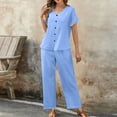 thumbnail image 6 of ibuvkizy Women's 2 Piece Casual Outfit Set V Neck Button Front Short Sleeve Tops with Lace Trim & Elastic Waist Cropped Wide Leg Pants with Pockets,Lightweight Linen Blend Summer Matching Suit, 6 of 9