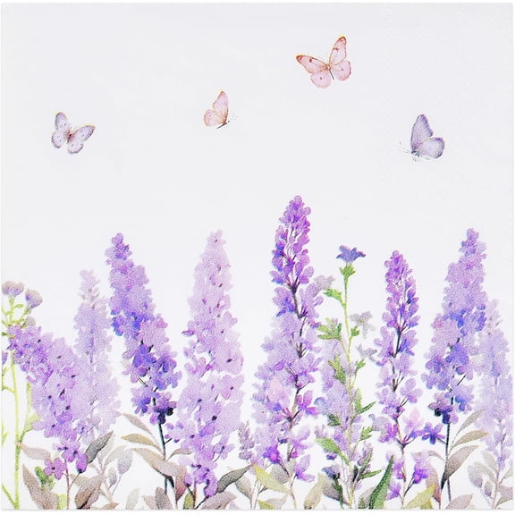 Gift Boutique Disposable Cocktail Napkins, Lavender Floral Spring Party Paper Napkins for Bridal Shower, Garden Party, Tea Party, 100 Count, 5 x 5 In