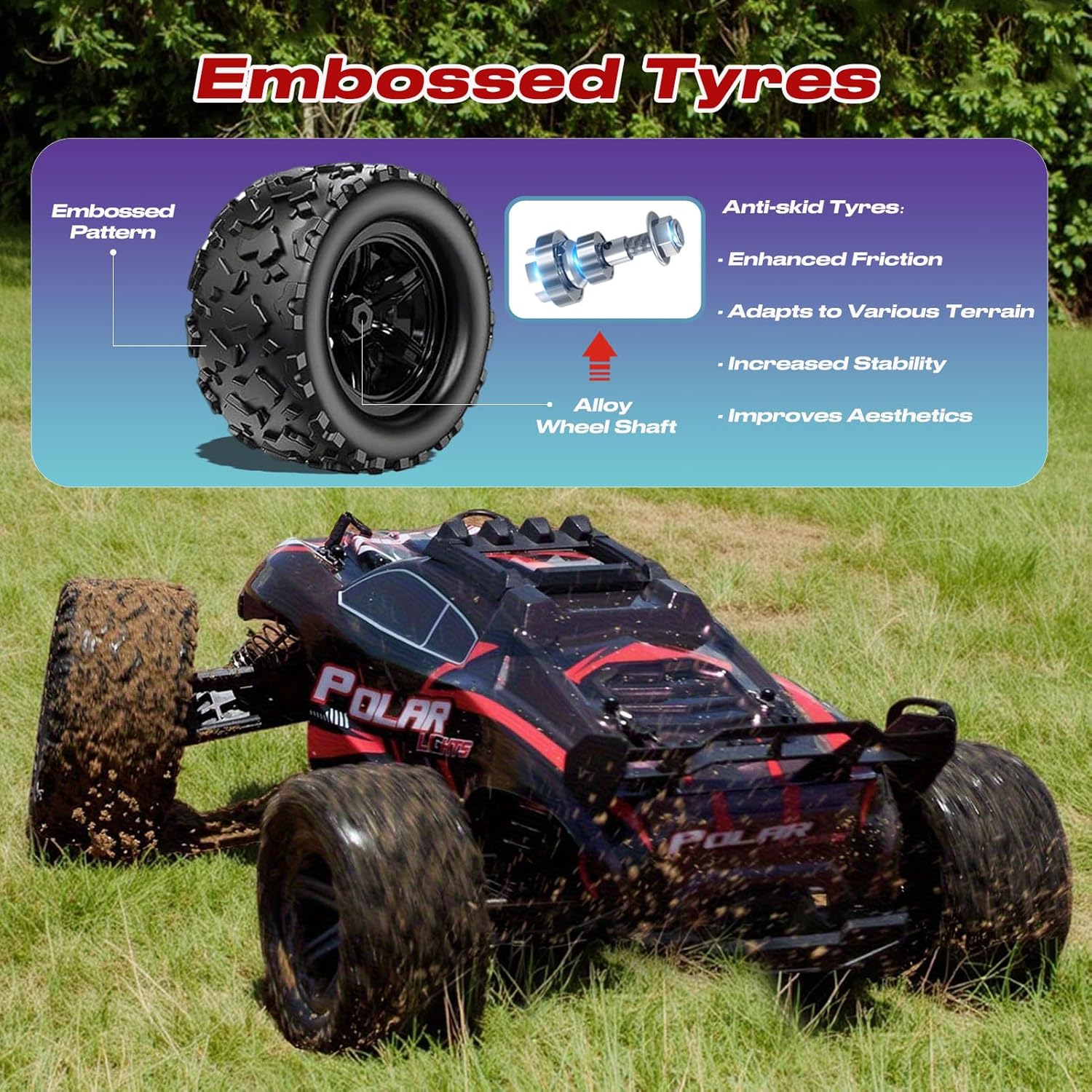 1:10 Large Rc Cars,18-Inch Remote Control Car Trucks with Lights,45+KM/H RC Off-Road Electric Truck, Includes 2 Rechargeable 2600mAh Batteries, Rc Cars for Adults & Boys