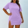 thumbnail image 6 of Dress Dqueduo Women's Solid Color Loose Short Sleeve Plus Size Round Neck Dress Purple XXL, 6 of 8
