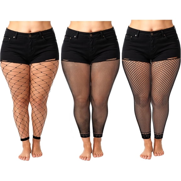 DAPRZIY 3 Pairs Women's Plus Size Fishnet Stockings, High Waist Stretchy Footless Tights, Black Pantyhose For Daily XL-4XL