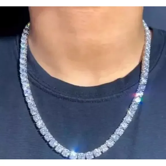 20 Ctw Round Cut Moissanite 14K White Gold Plated Tennis Necklace Men's