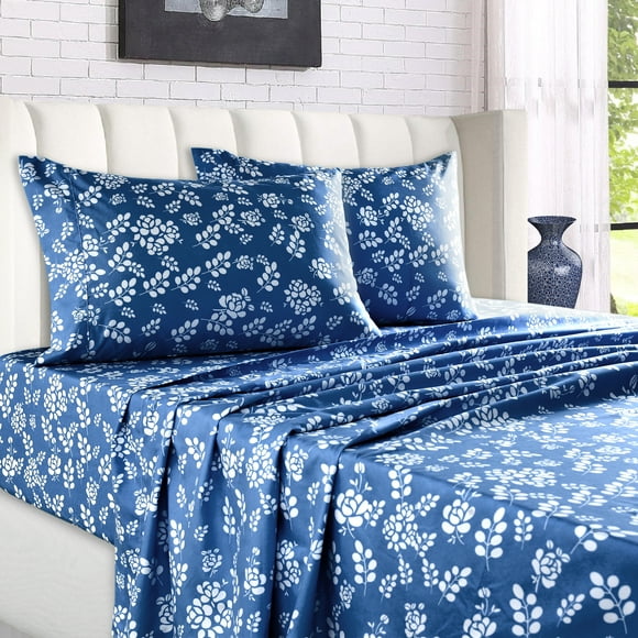 Lux Decor Collection Floral Printed Sheet Set King, Soft Microfiber 16" Deep Pocket Bed Sheets - Wrinkle, Fade, Stain Resistance Bedding Set - Navy Blue