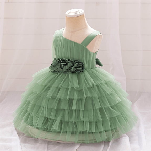 HAYIMI Child Girls Party Dress Layered Ruffle Cake Tutu O-Neck Formal Gown For Baby Toddler Kids Birthday Celebration Holiday Elegant Fancy Attire Soft Back To School Swing Flowy Sundress
