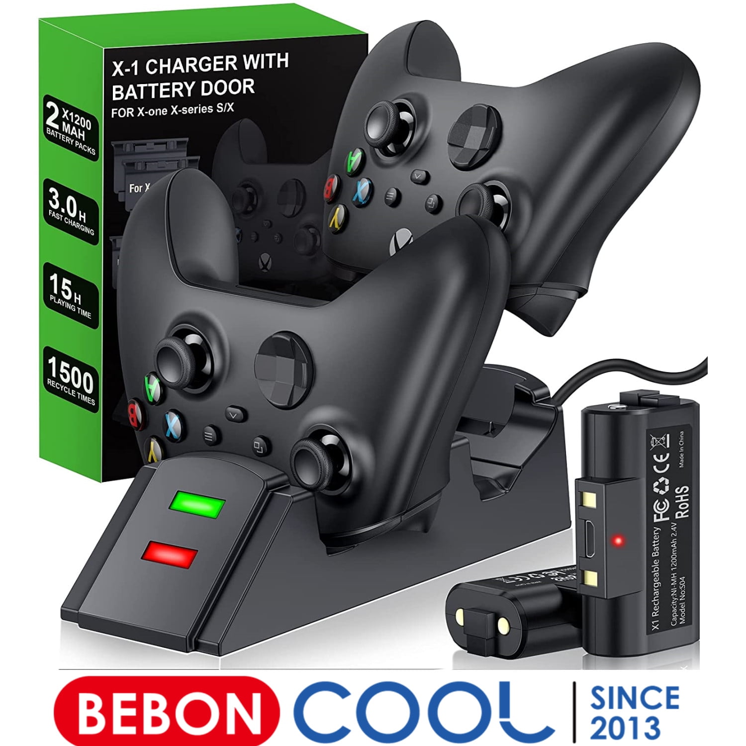 BEBONCOOL Xbox Controller Charging Station and Batteries with 2 x 1200mAh Rechargeable  Battery Pack for Xbox Series X|S/Xbox One/Xbox One S/X/Elite Controller-Black  