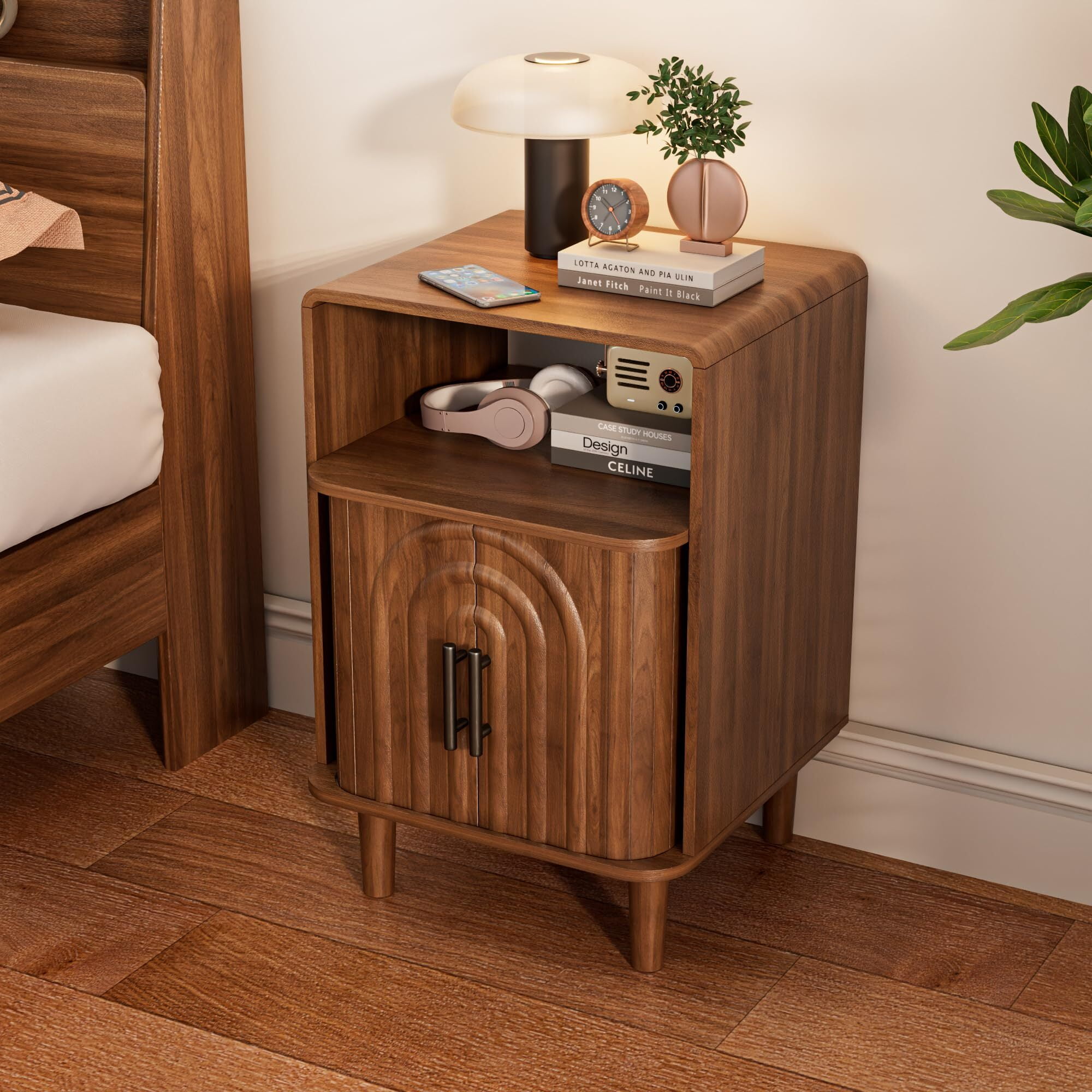 Mid Century Nightstand Set of 2, Fluted Bedside Tables with Storage, Small Vintage End Tables for Bedroom, Walnut