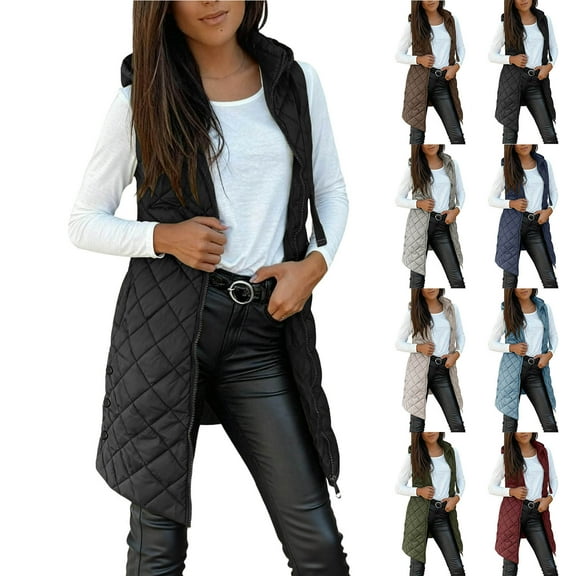 YOIAVAIOY Womens Sleeveless Quilted Coats Long Puffer Vest Hooded Full Zip Jacket with Pockets Wine XXXL